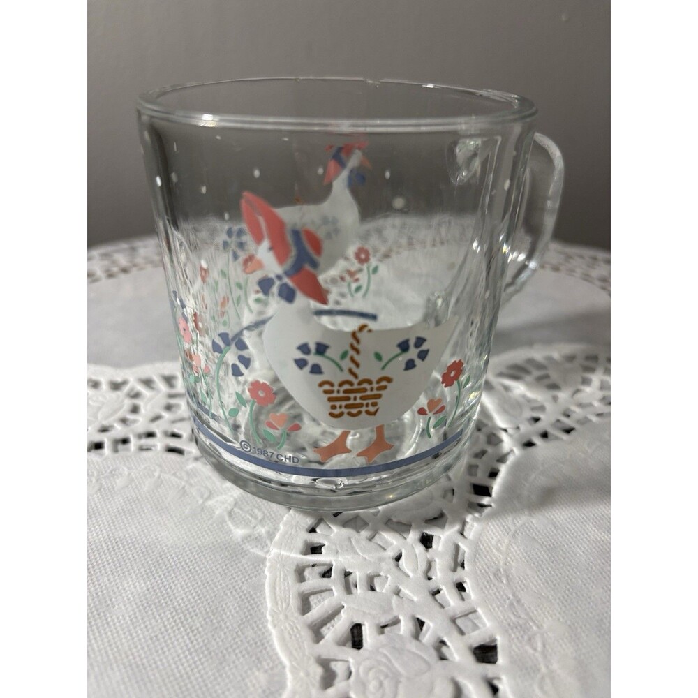 Vintage Anchor Hocking Country Goose Glass Mug Pink Bonnet Cottage Farmhouse